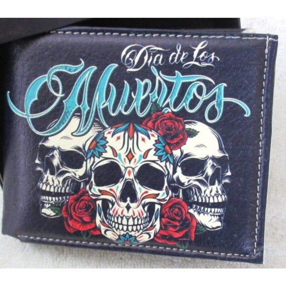 Day of The Dead Dia De Los Muertos Skull Rose Print Bi-Fold Vegan Leather Wallet - Picture 2 of 5